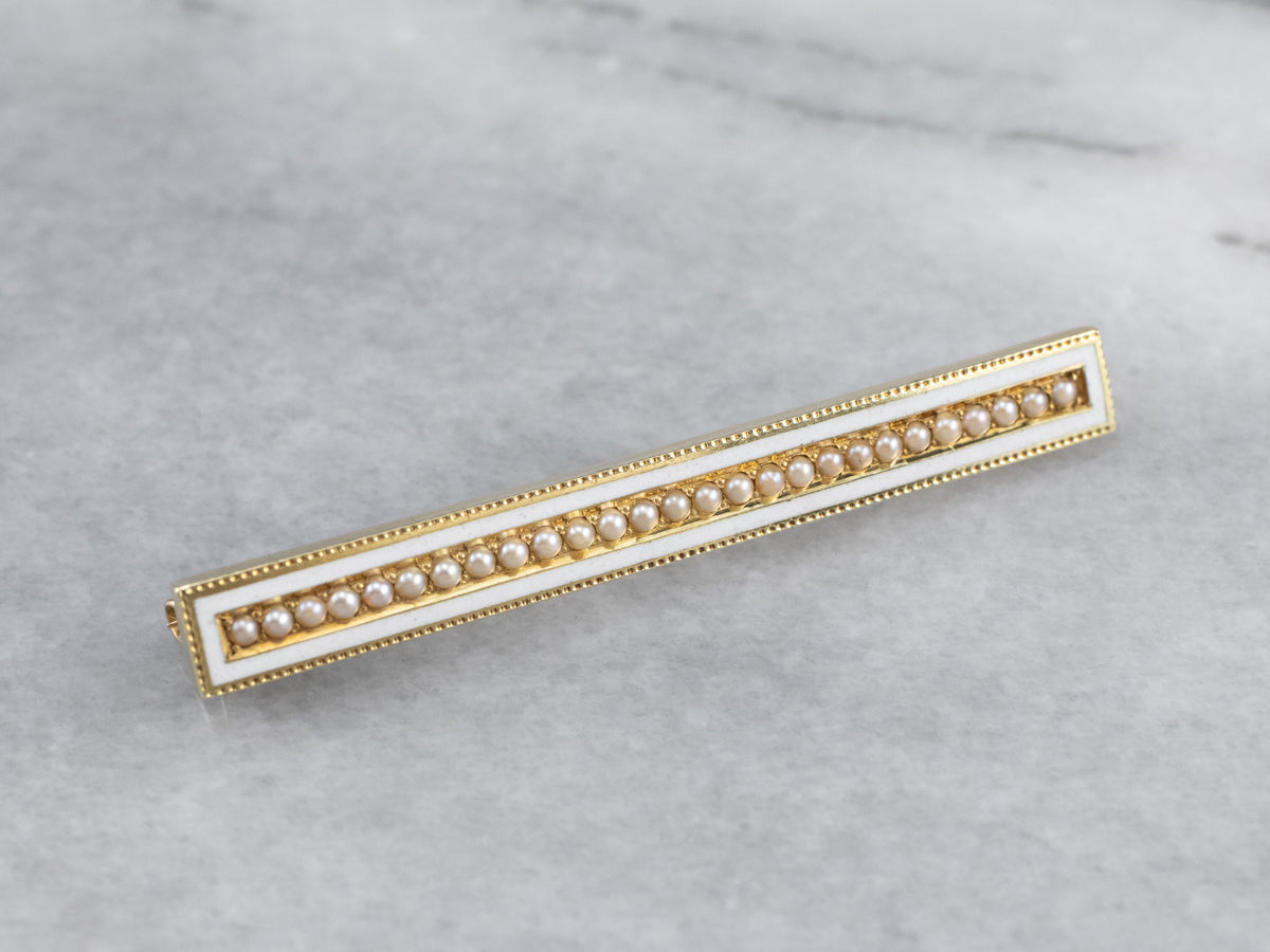 Art Nouveau Seed Pearl and Enamel Bar Pin