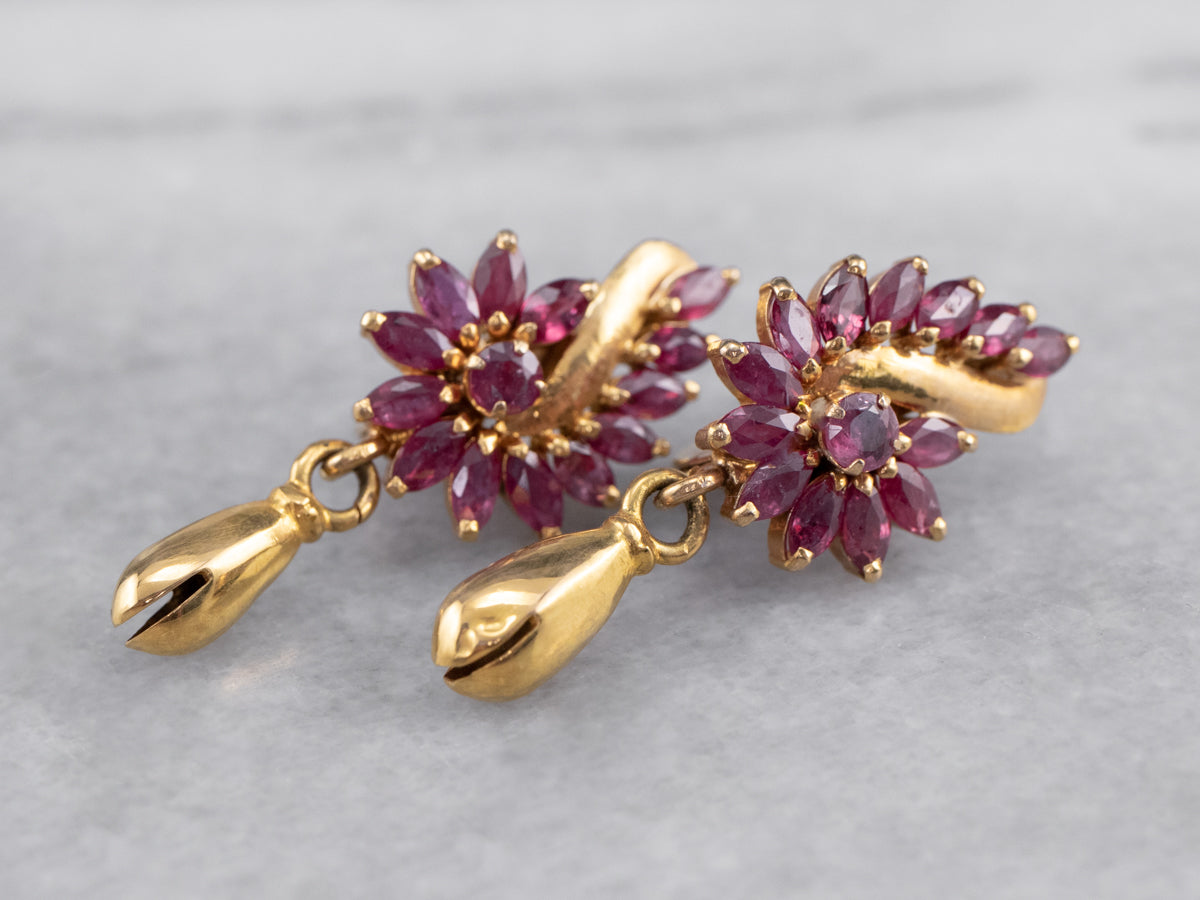 Vintage Ruby Gold Drop Statement Earrings