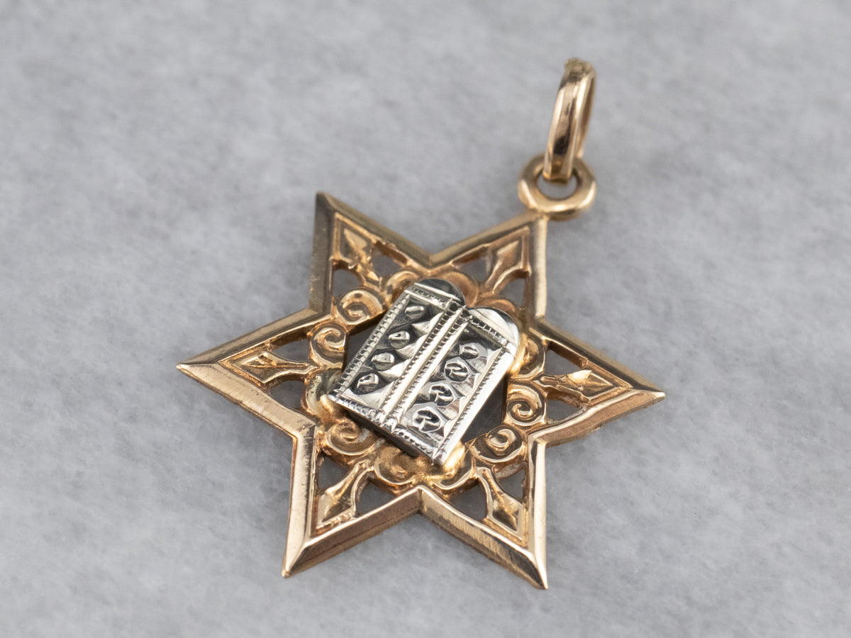 Two Tone Gold Star of David Ten Commandments Pendant