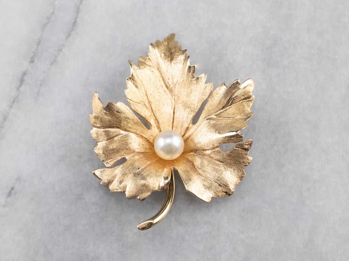 Golden Pearl Grape Leaf Brooch