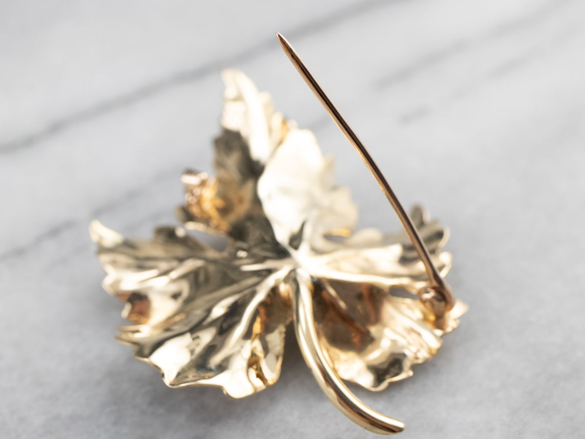 Golden Pearl Grape Leaf Brooch