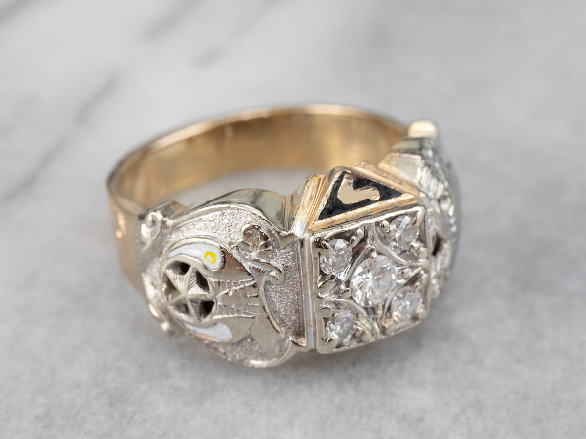 Masonic Diamond Enamel Two Tone Gold Ring