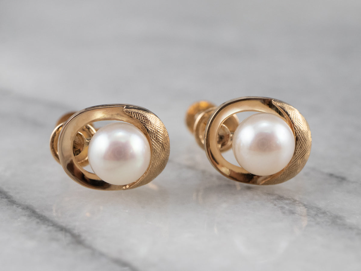 Pearl Gold Screw Back Earrings