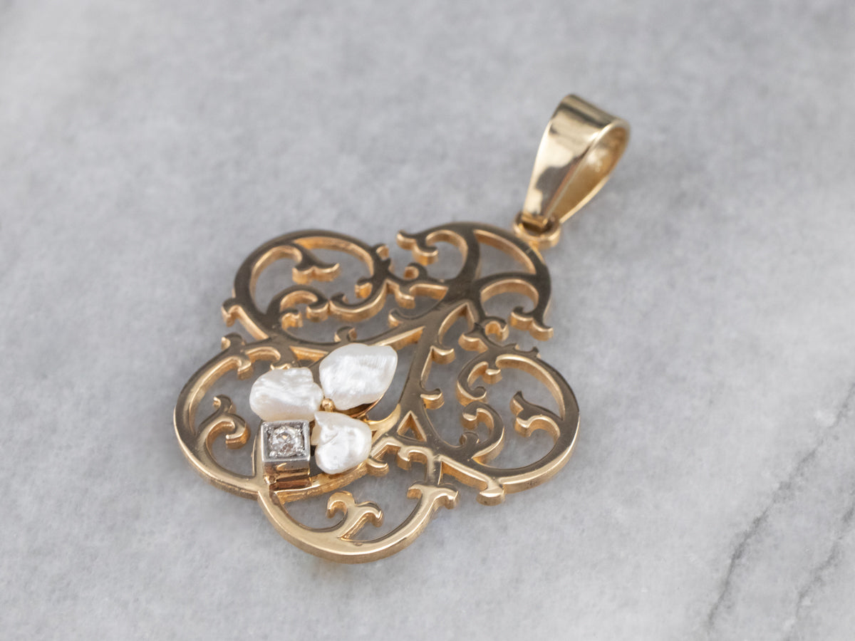 Freshwater Pearl Diamong Gold Filigree Pendant