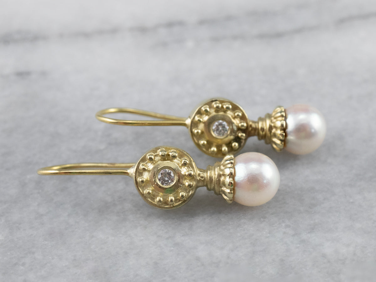 Vintage Pearl and Diamond Drop Earrings