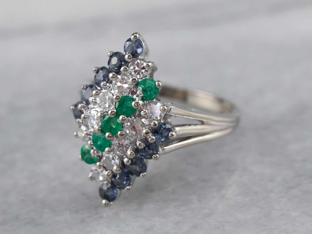 Emerald Diamond and Sapphire Cluster Ring