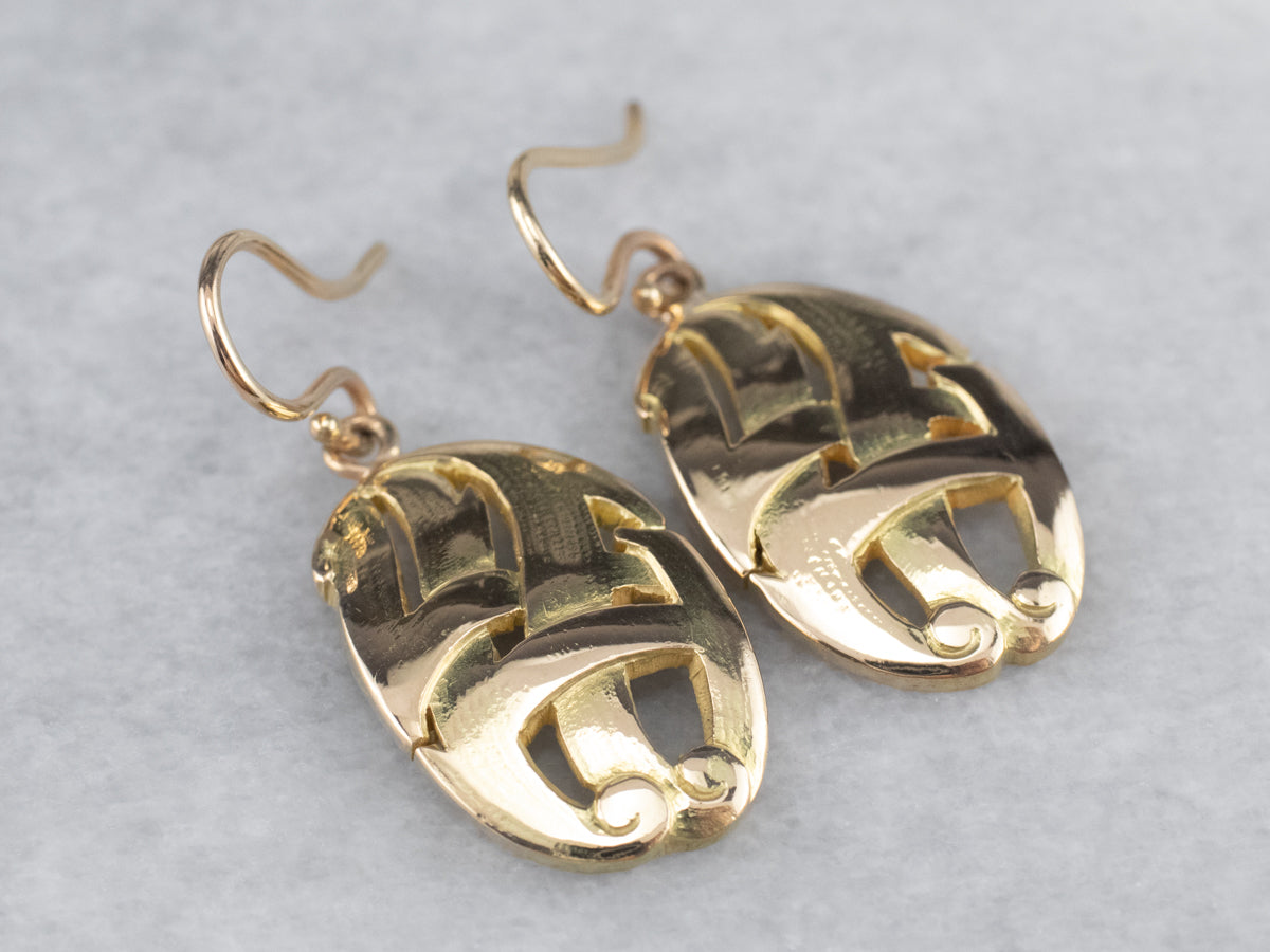 Solid 14K Gold Oval Medal Drop Earrings