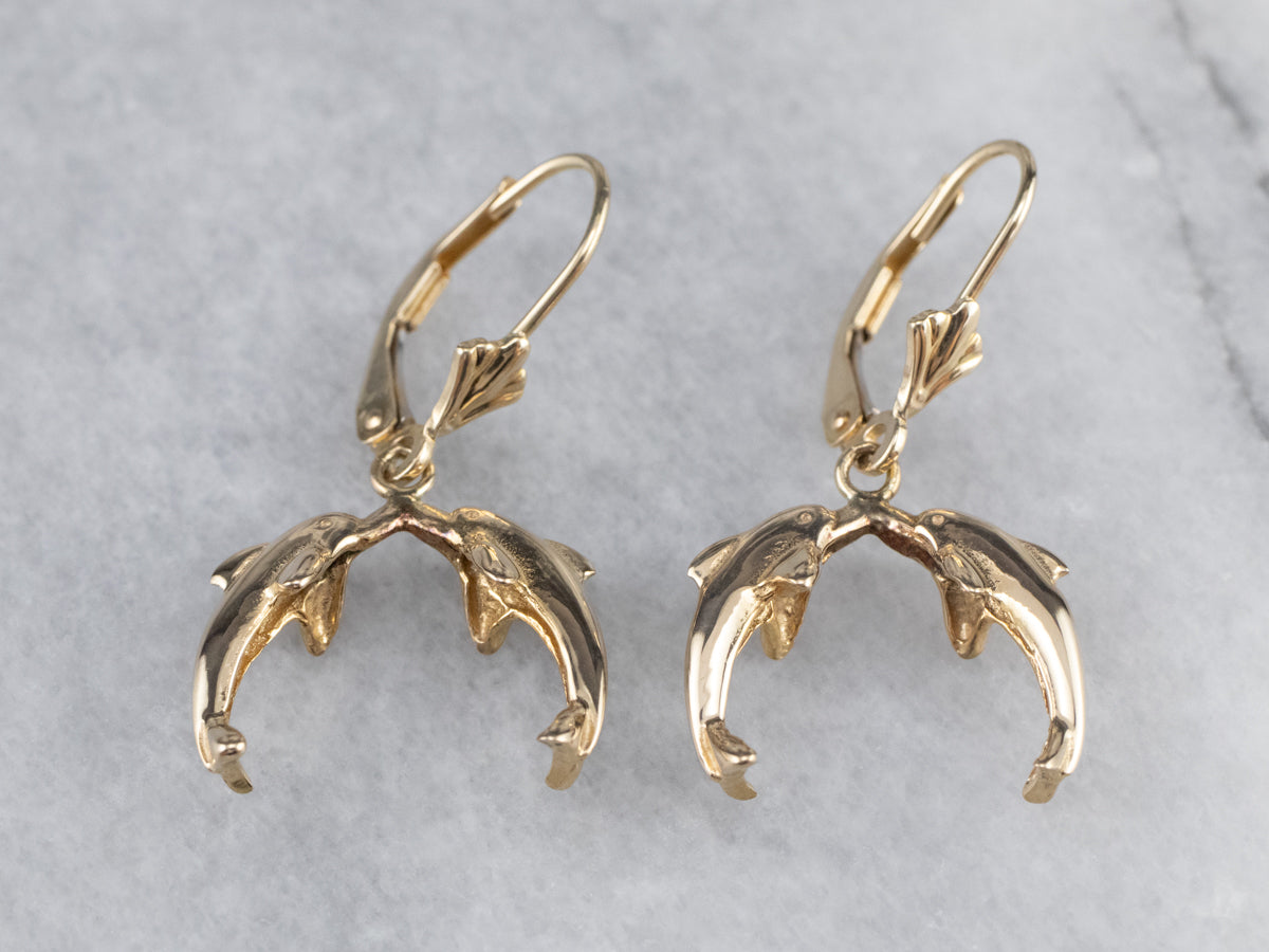 Yellow 14K Gold Dolphin Drop Earrings