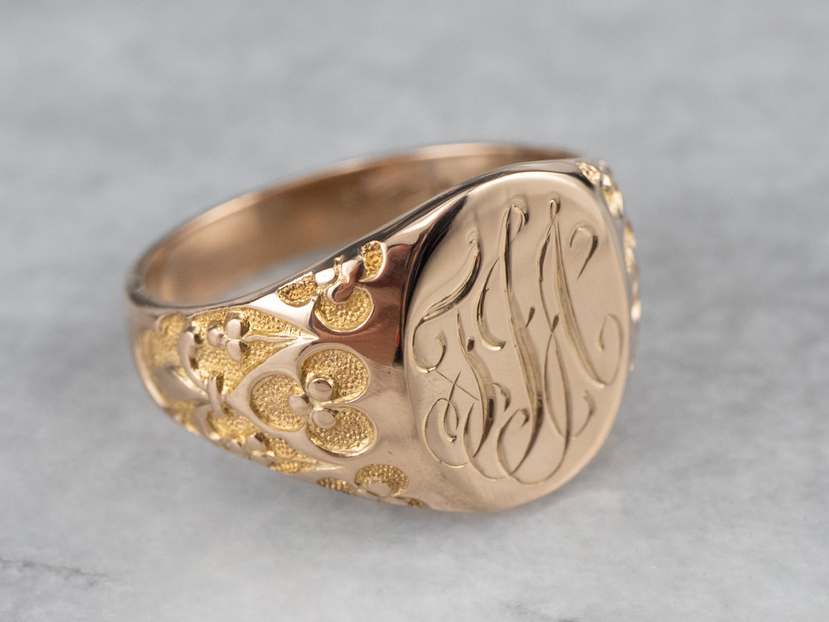 Ornate Gold "TJA" Engraved Signet Ring