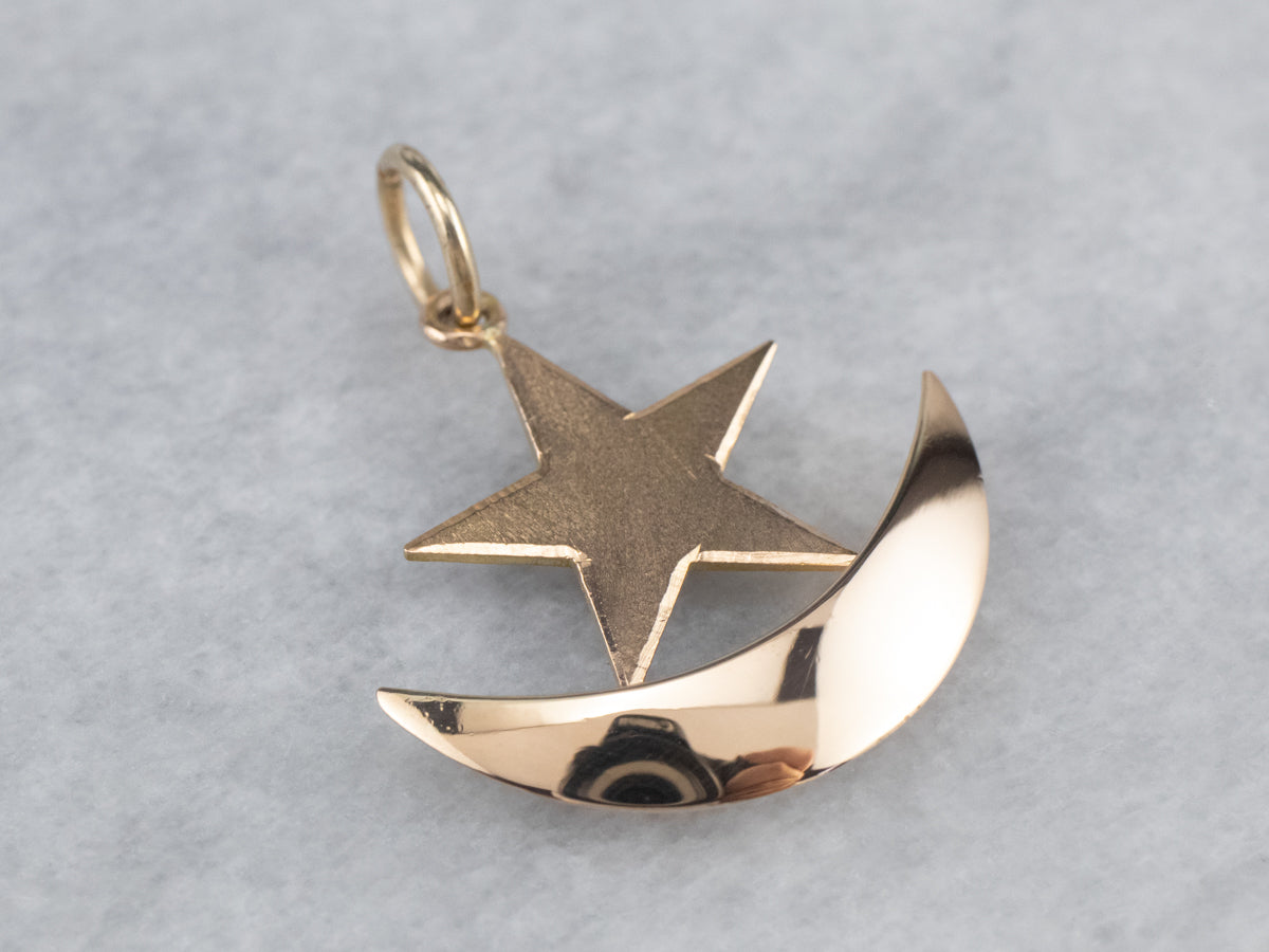 14K Rose Gold Crescent Moon Star Pendant