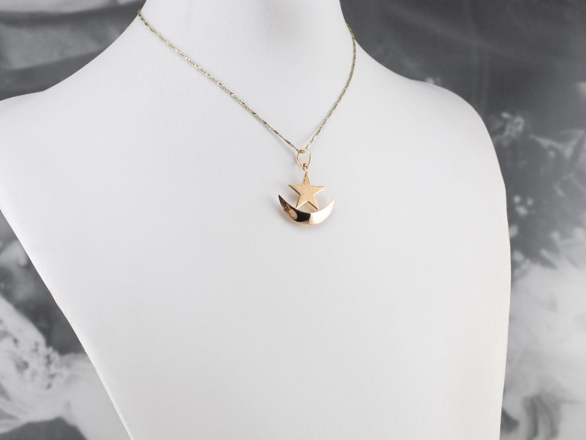 14K Rose Gold Crescent Moon Star Pendant