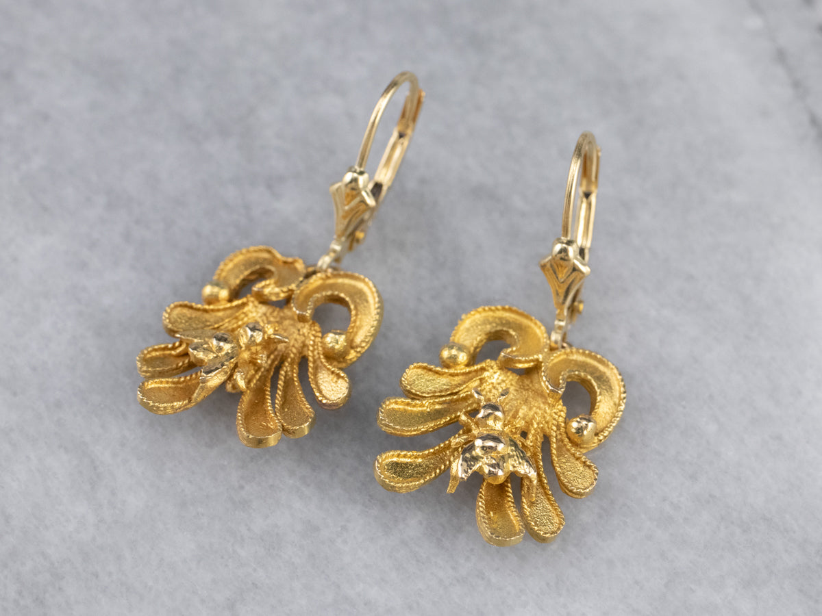 Bee and Flower 18K Gold Drop Earrings