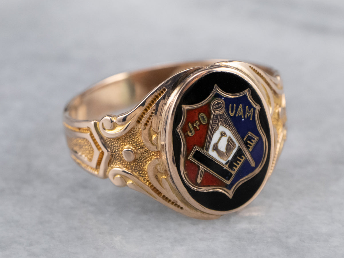 Antique Mechanics Fraternal Enamel Gold Ring