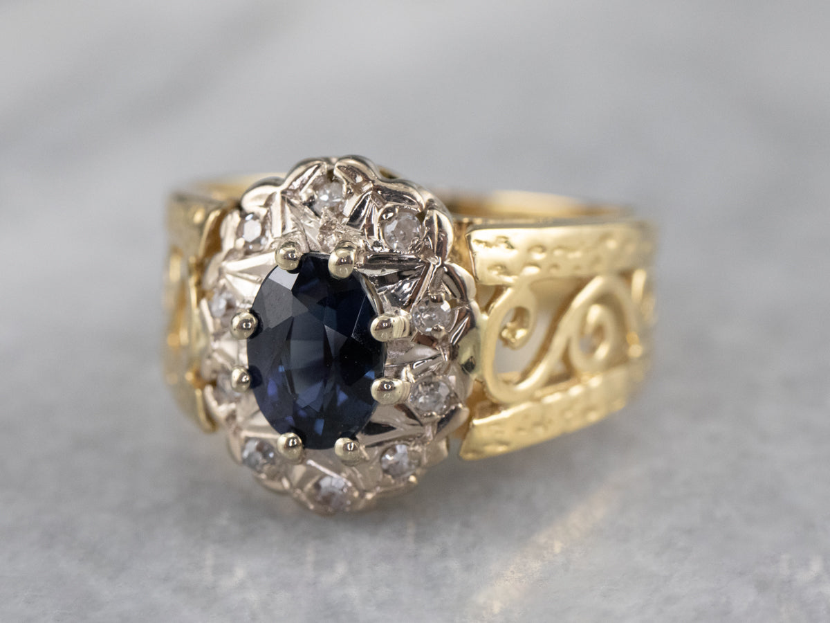 Sapphire Diamond Halo Filigree Ring