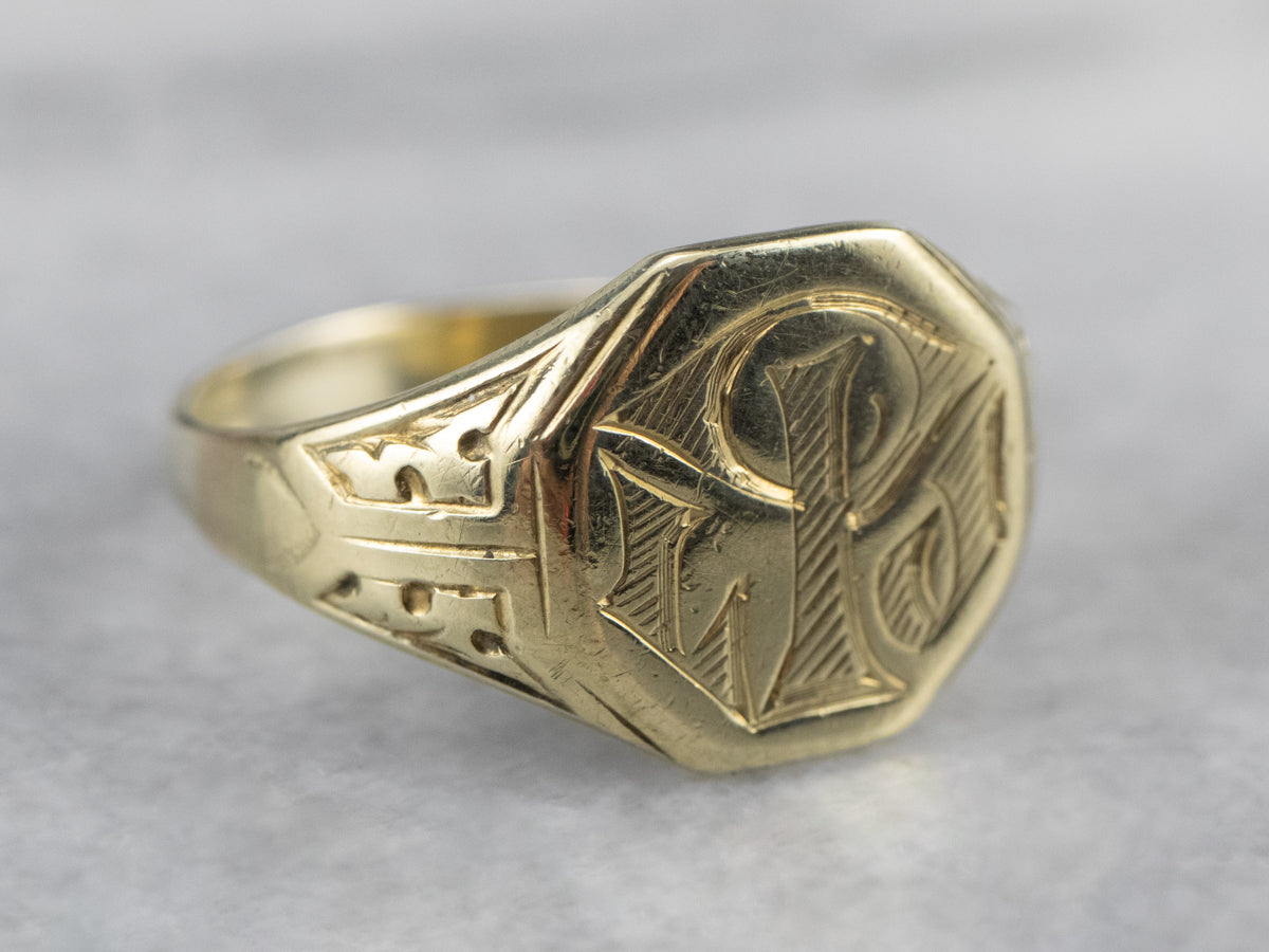 Antique Monogram Octagonal Gold Signet Ring