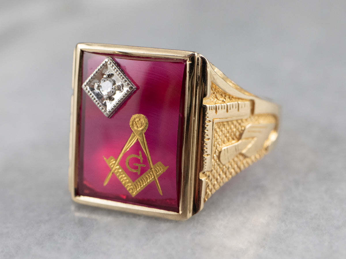 Masonic Ruby Glass Gold Statement Ring