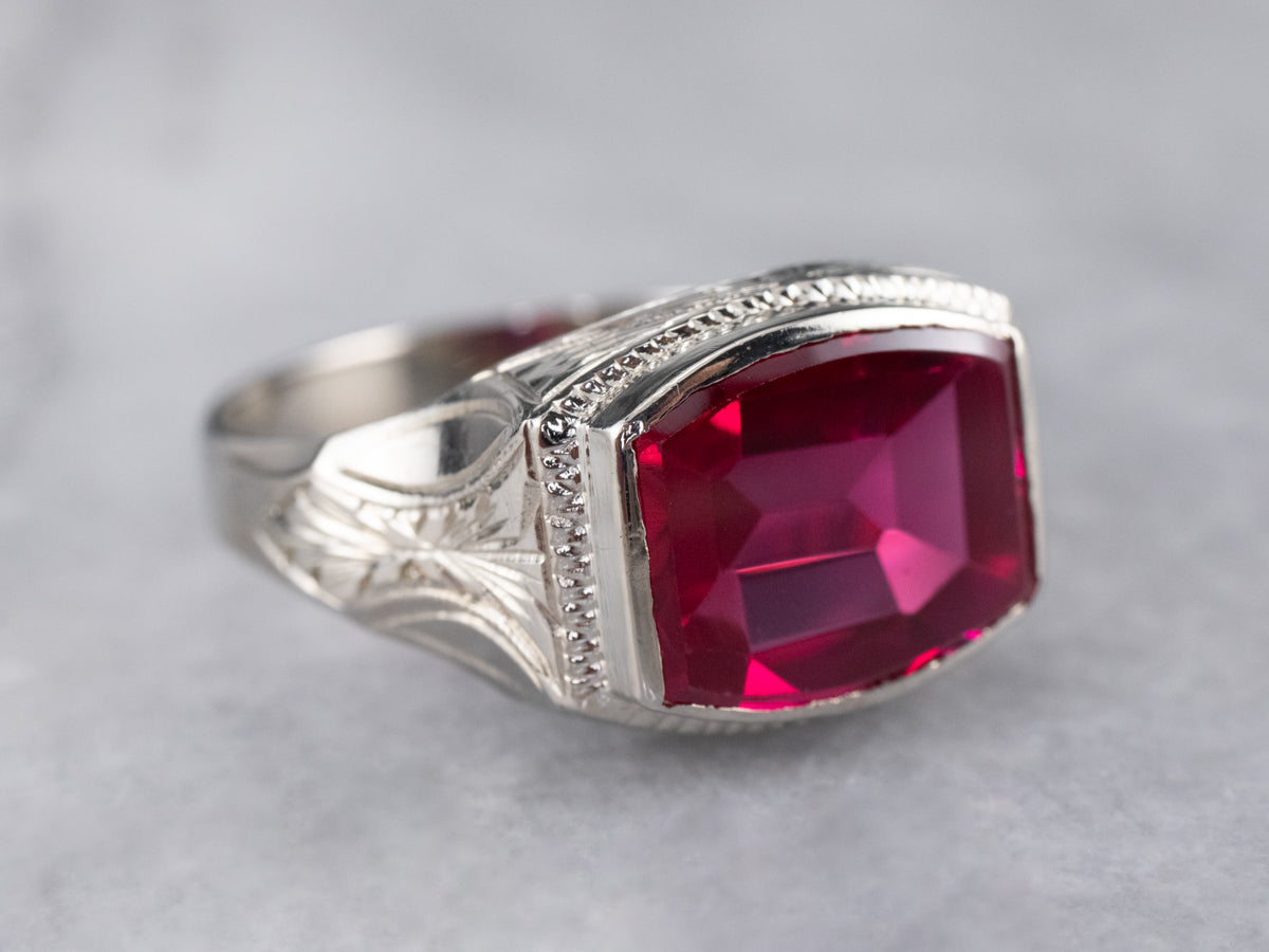 East to West Art Deco Synthetic Ruby White Gold Ring