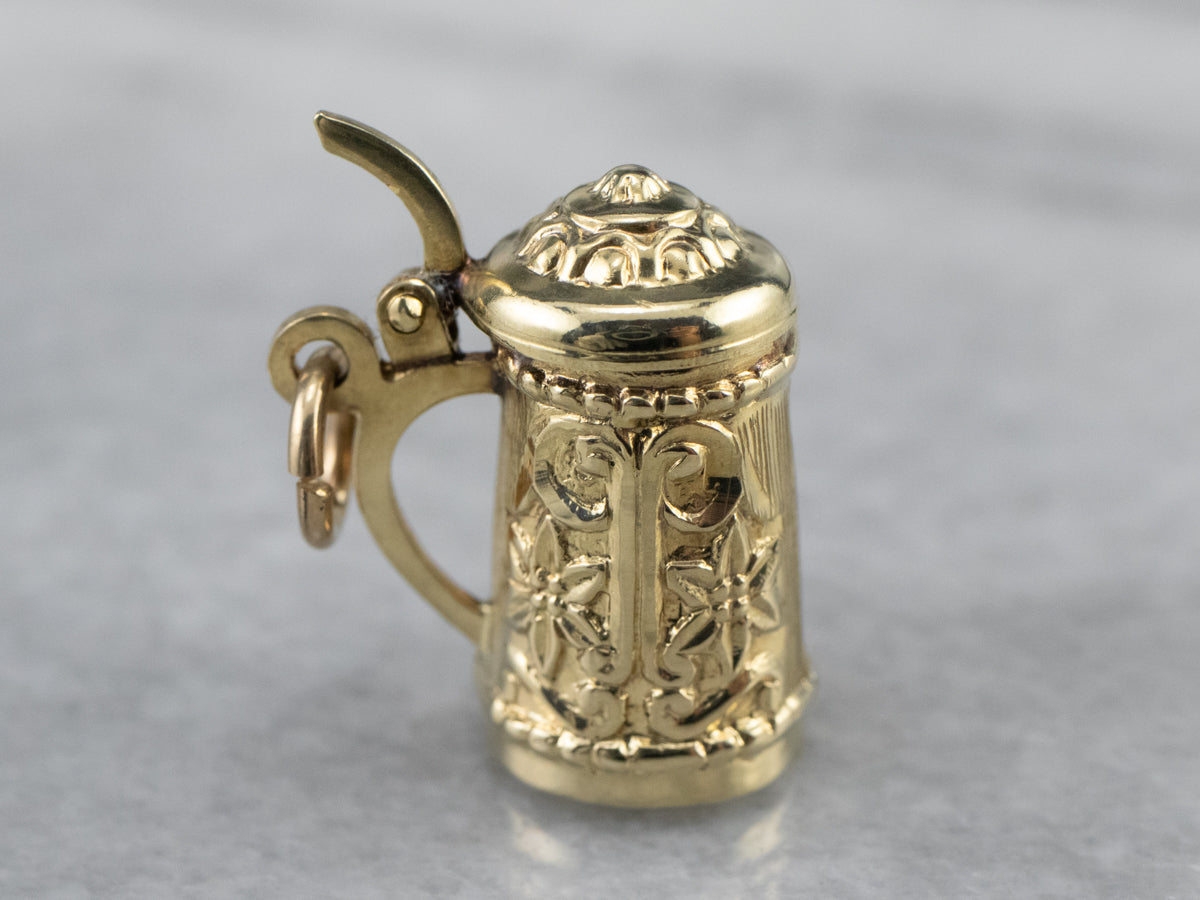 14K Gold Beer Stein Charm with Hinged Lid