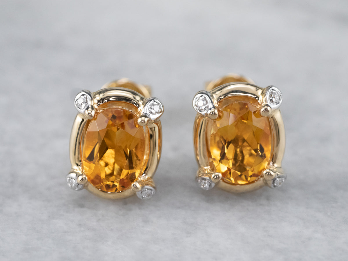 Modern Citrine and Diamond Stud Earrings