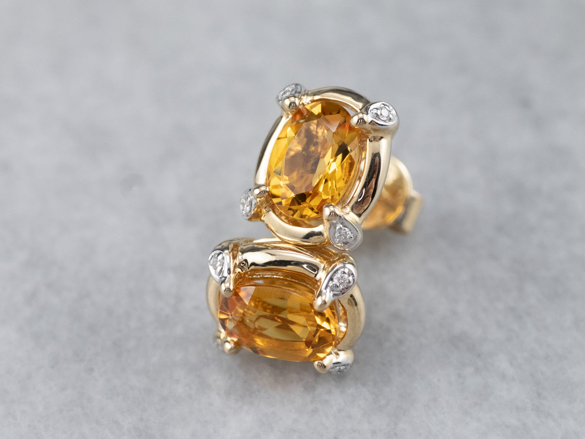 Modern Citrine and Diamond Stud Earrings