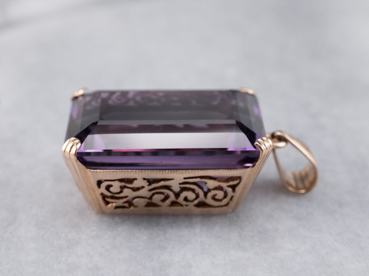 Large Amethyst Gemstone Pendant in Rose Gold