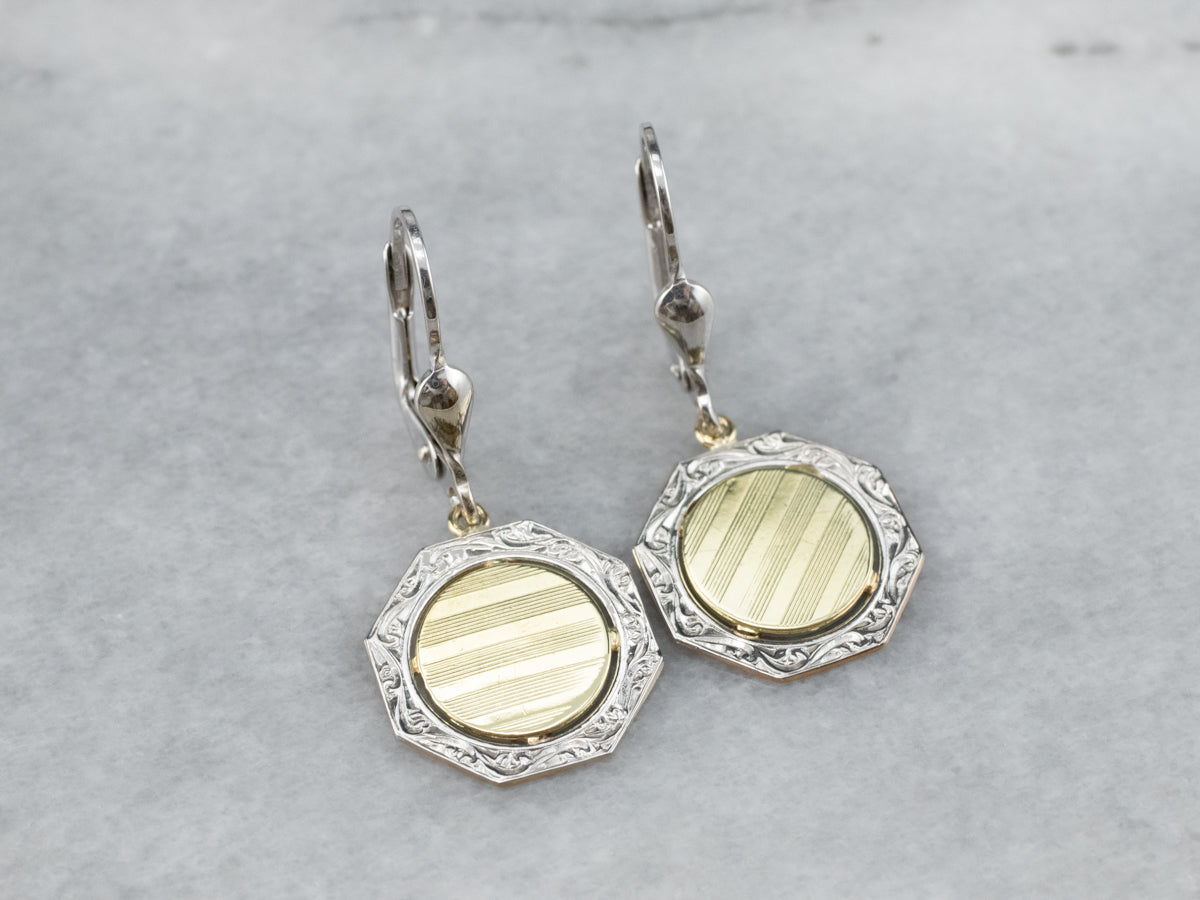 Two Tone Gold Octagon Disk Drop Earrings