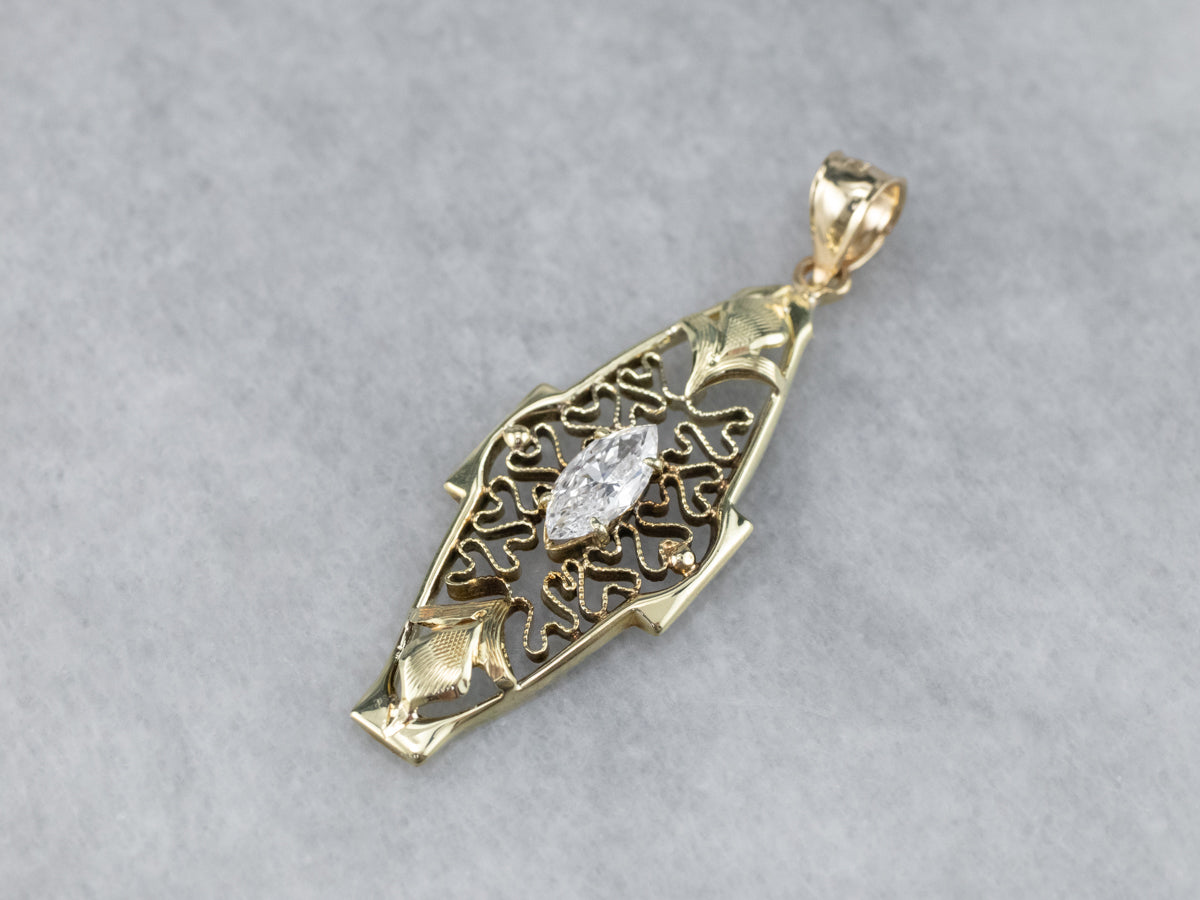 Antique Diamond Green Gold Filigree Pendant