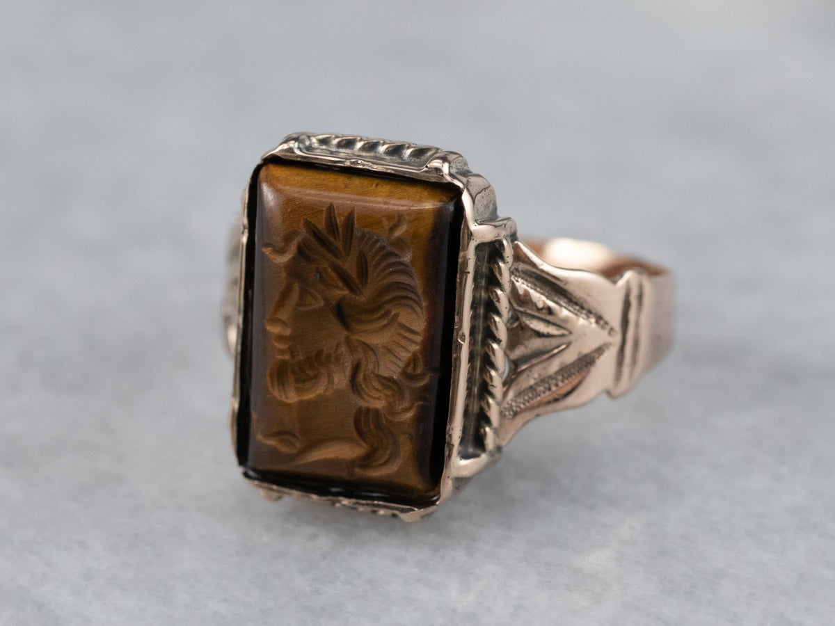 Victorian Tiger's Eye Intaglio Rose Gold Ring