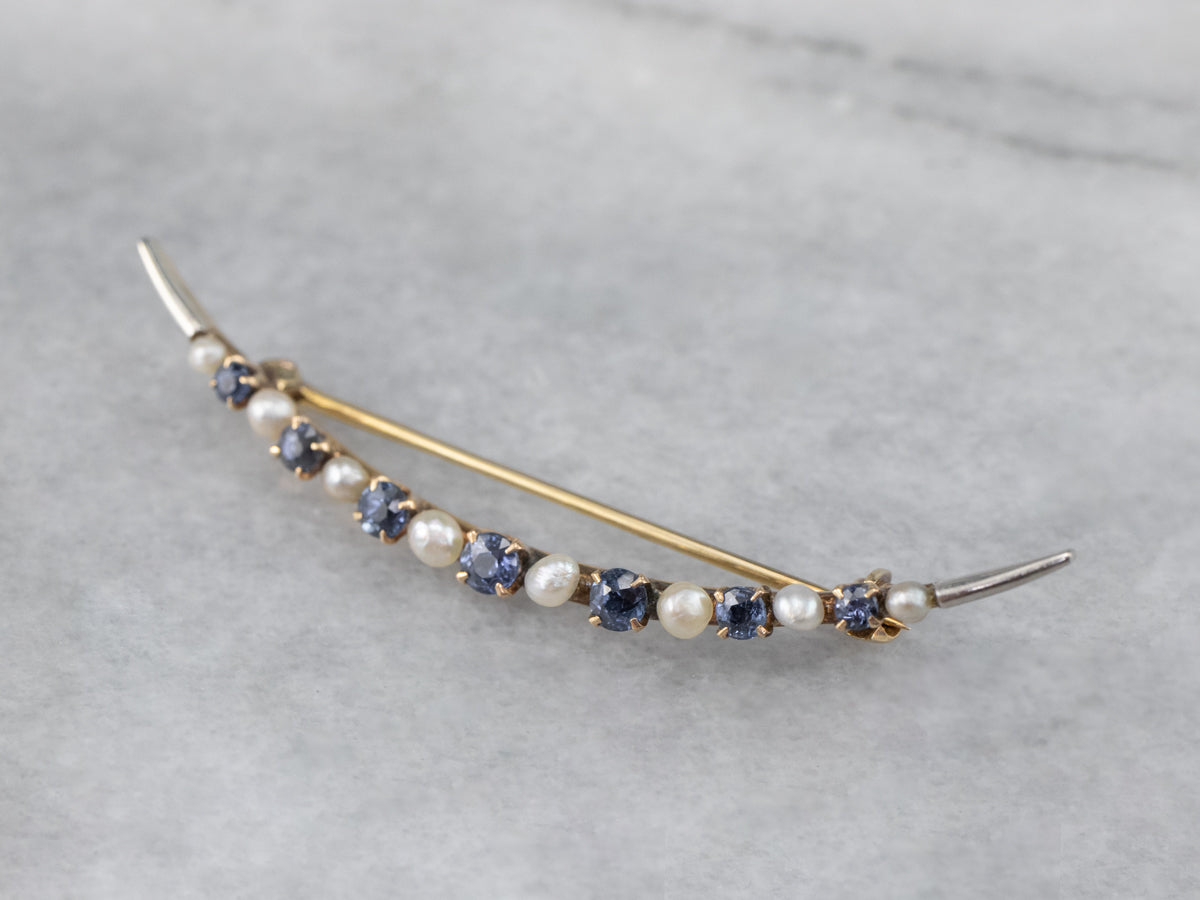 Art Nouveau Sapphire Pearl Crescent Moon Brooch