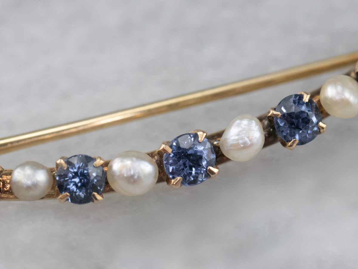 Top Vintage 14kt gold pearl and blue sapphire broach pin