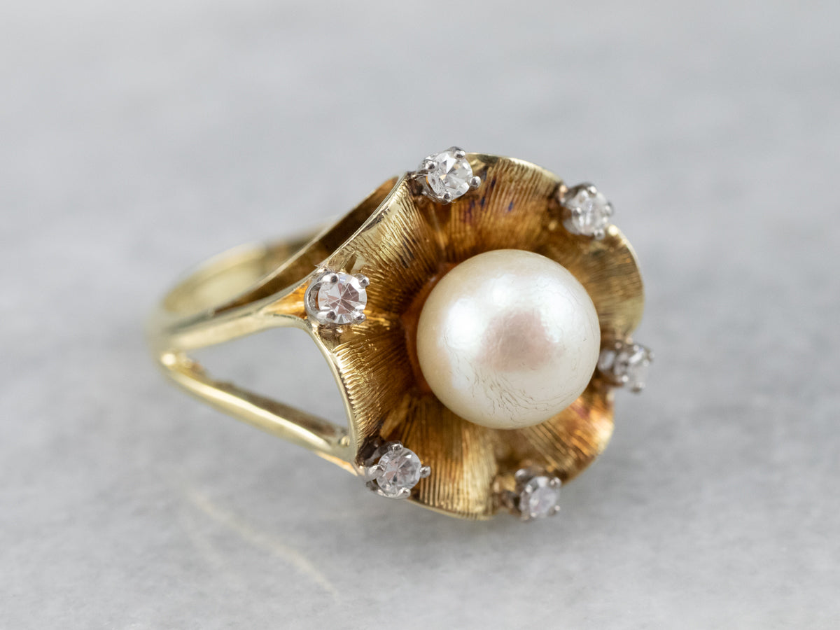 Vintage Pearl Diamond Gold Statement Ring