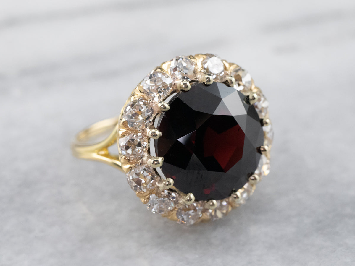 Garnet Diamond Halo Gold Statement Ring