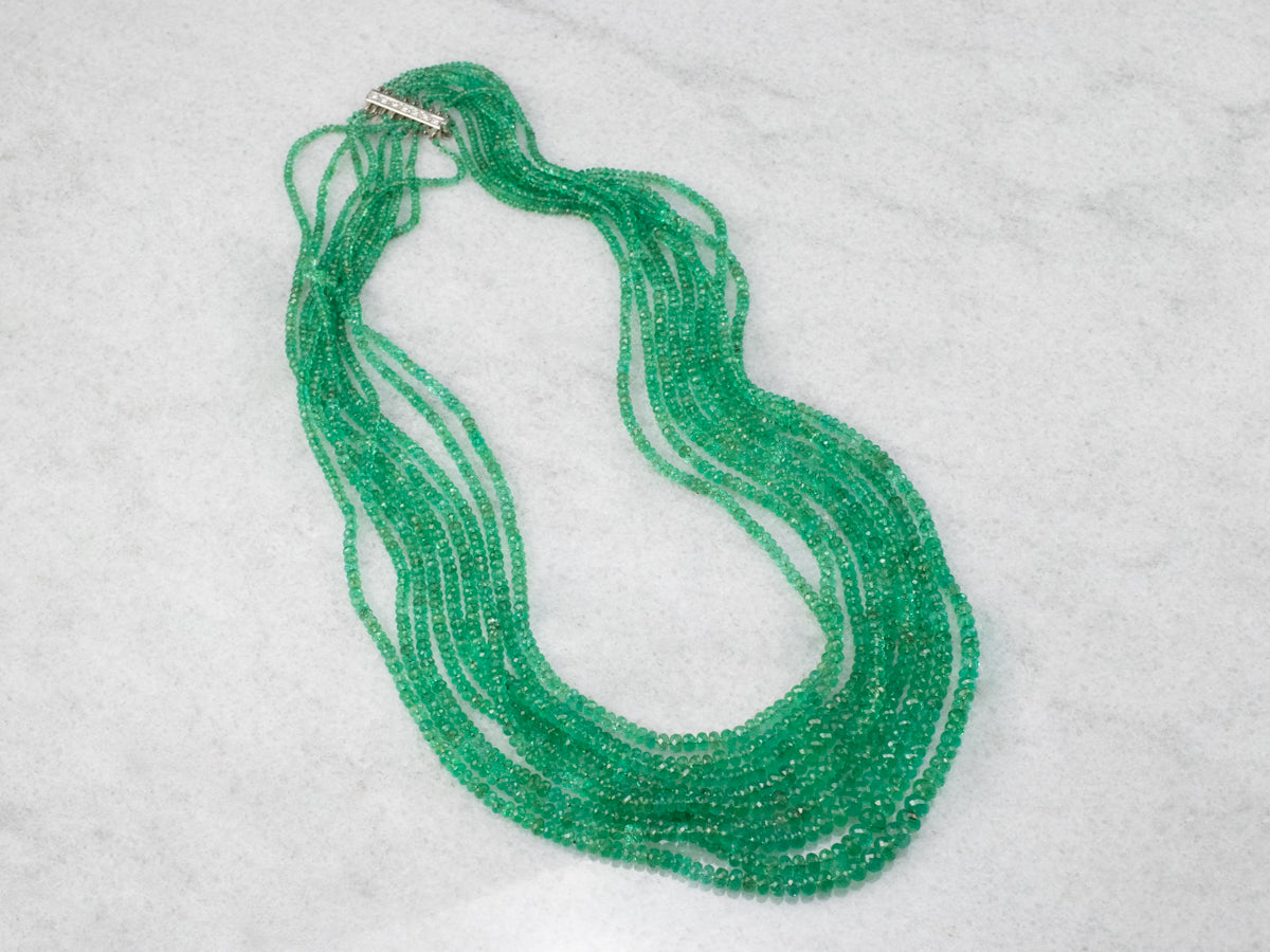 High Quality Beaded Emerald Necklace with Platinum and Diamonds