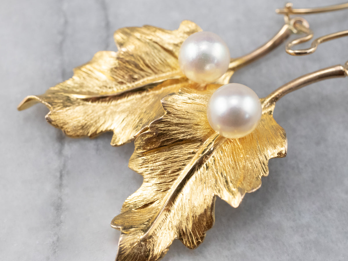 Custom online made gold pearl drop leaf earrings