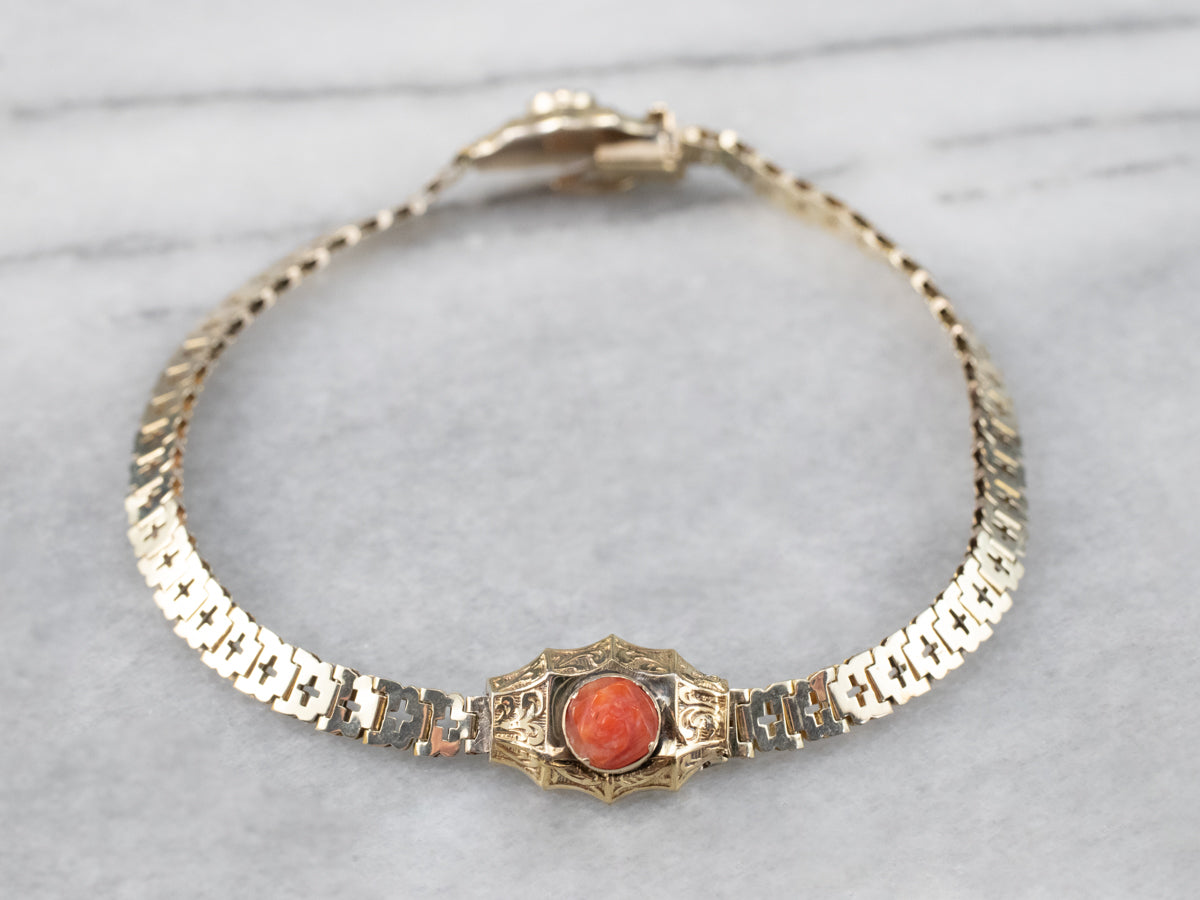 Victorian Revival Coral Repousse Gold Link Bracelet