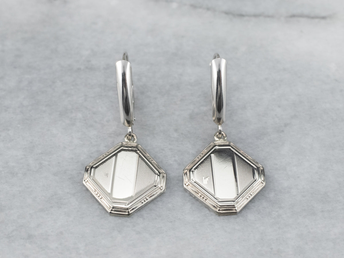 Square Disk White Gold Drop Earrings