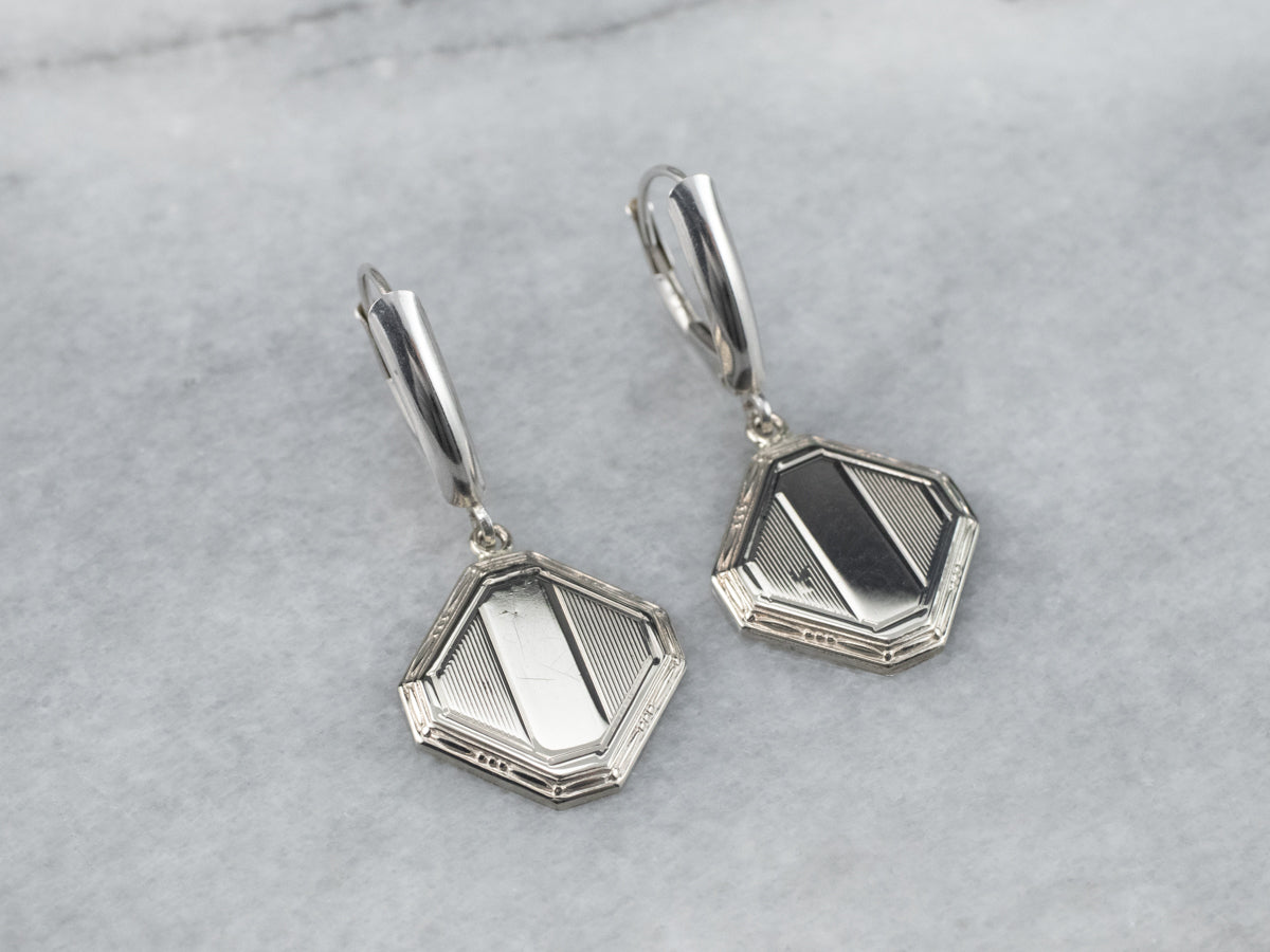 Square Disk White Gold Drop Earrings