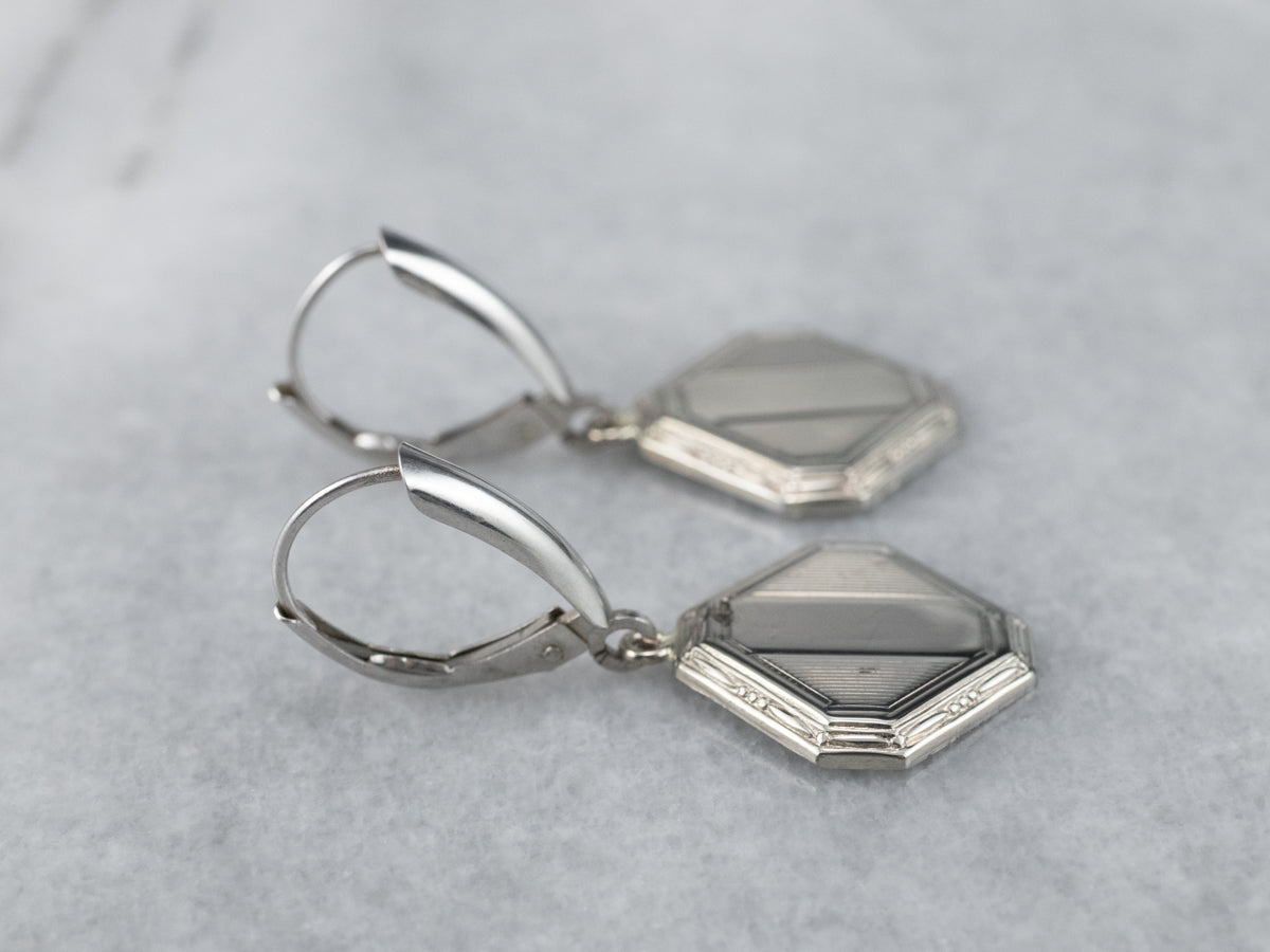 Square Disk White Gold Drop Earrings