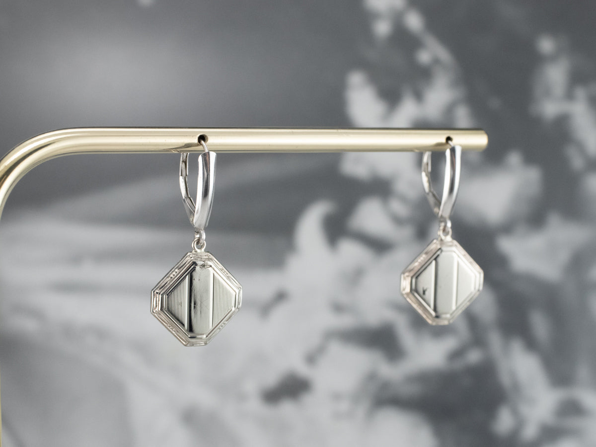 Square Disk White Gold Drop Earrings