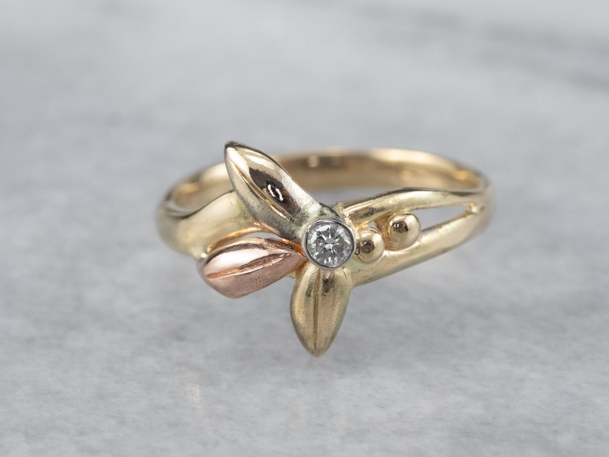 Tri-Color Gold Diamond Flower Ring