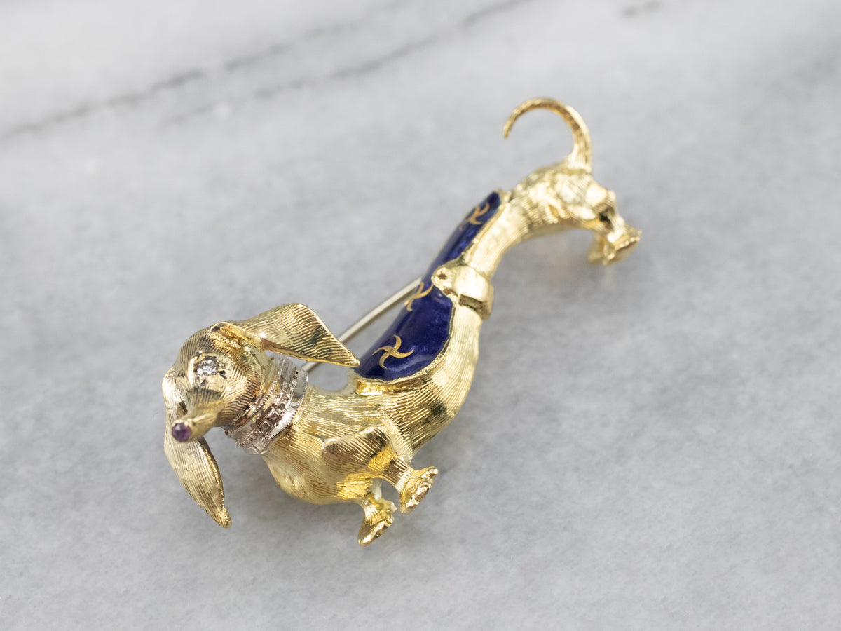 Dachshund Diamond and Enamel Brooch