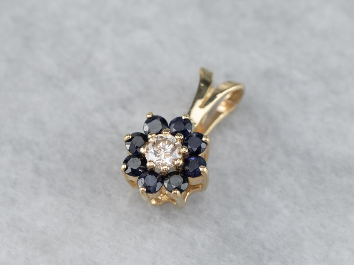 Gold Sapphire and Diamond Halo Pendant