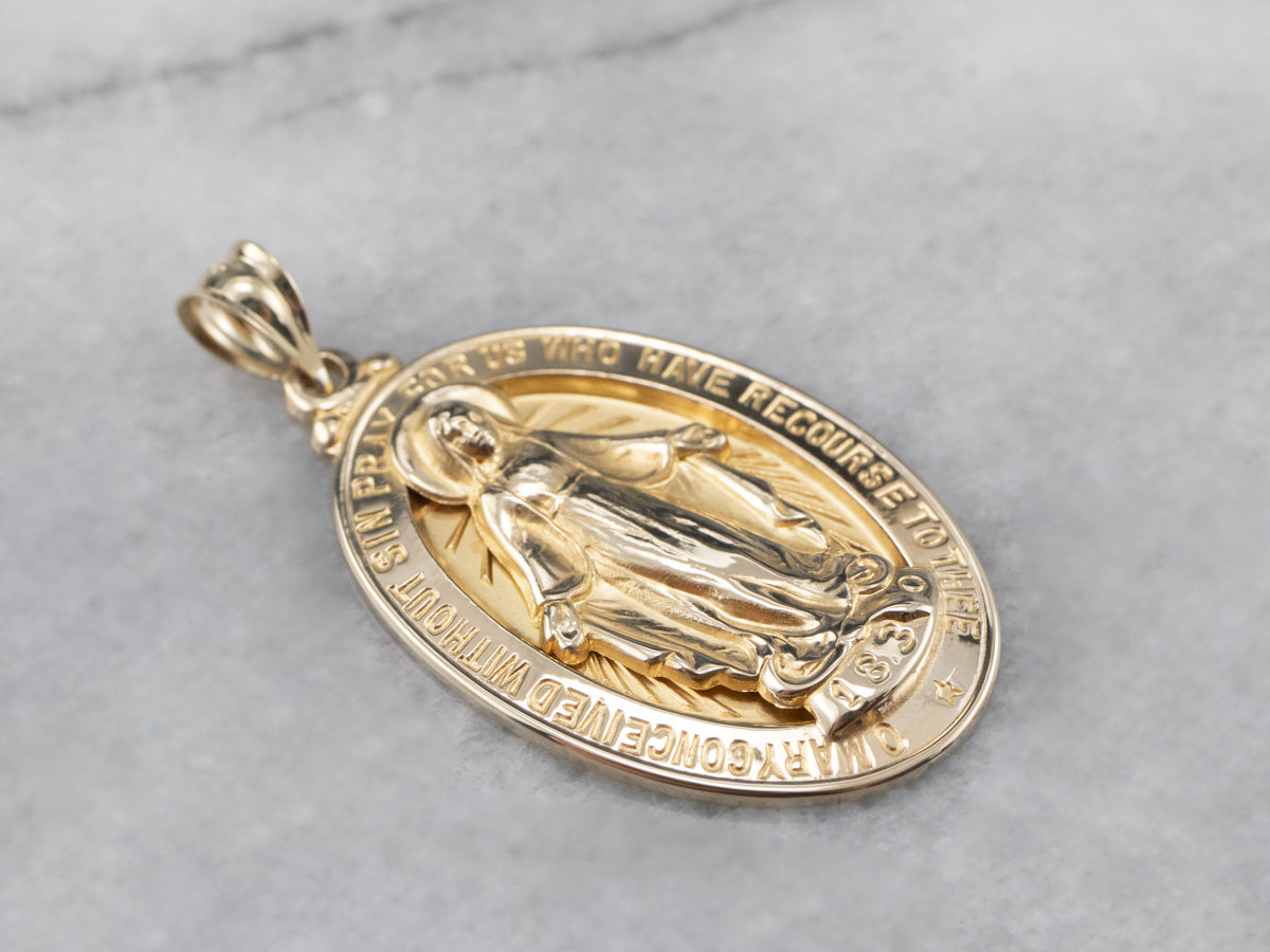 14K Gold Mary Religious Medal Pendant