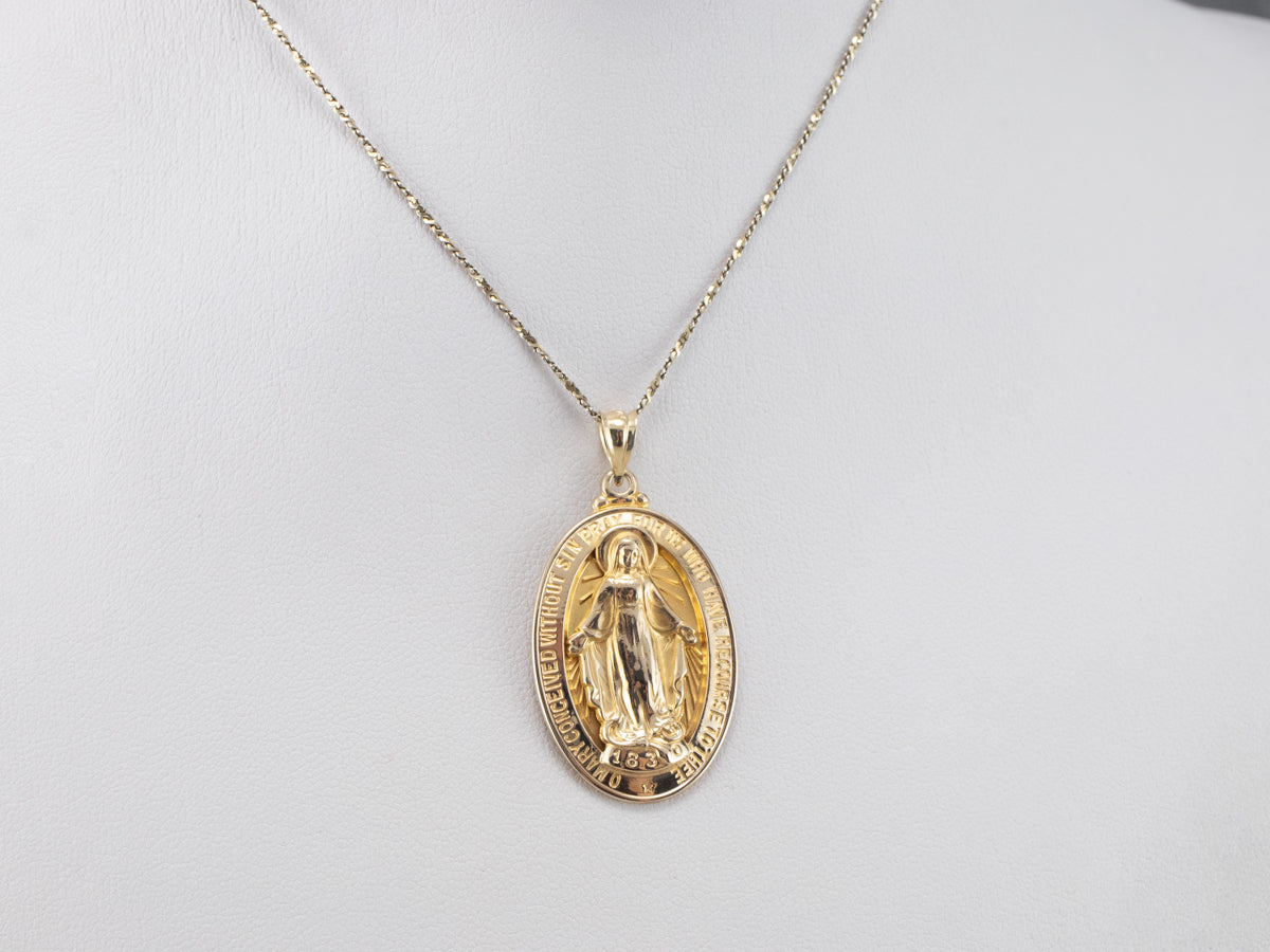 14K Gold Mary Religious Medal Pendant