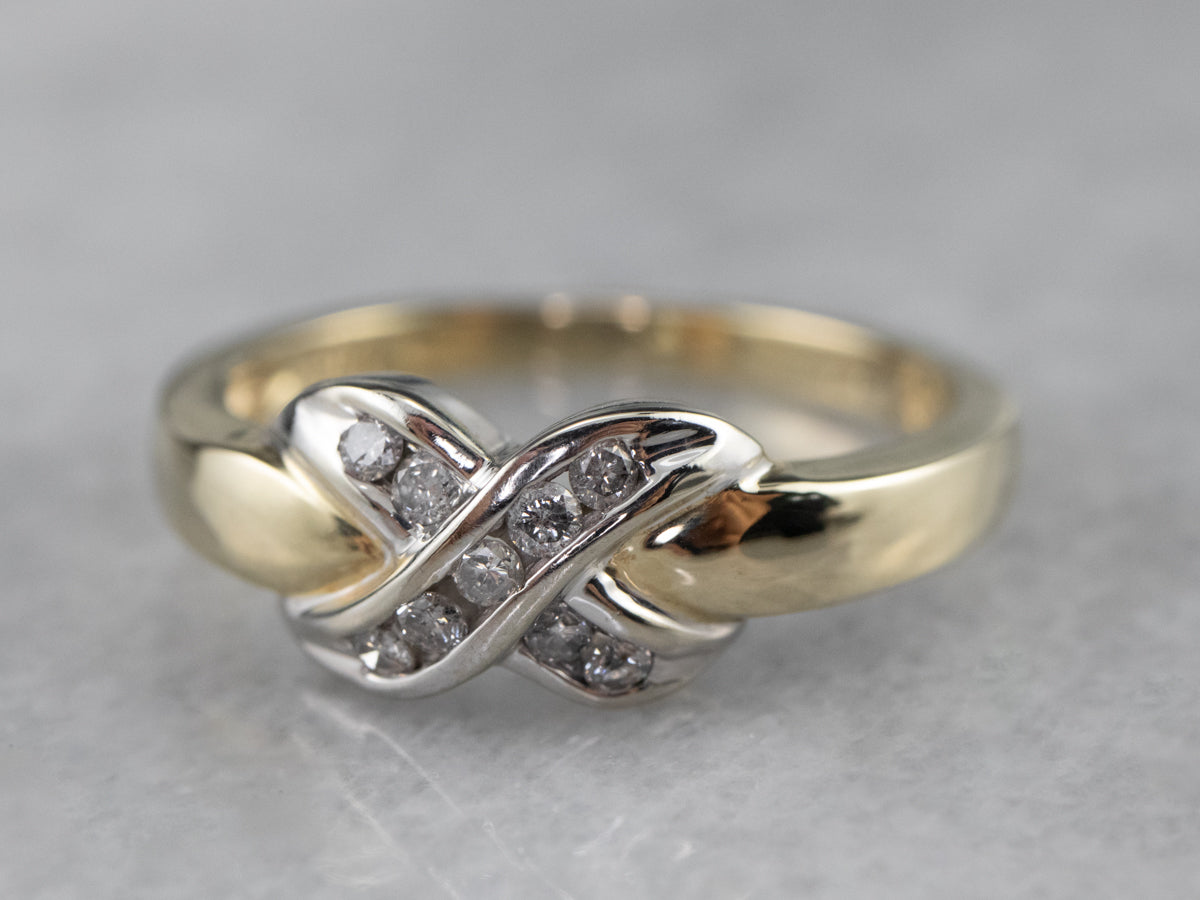 Two Tone Gold Twisting X Diamond Band