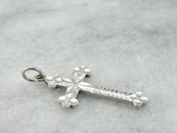 Platinum Diamond Faceted Cross with Decorative Engraving