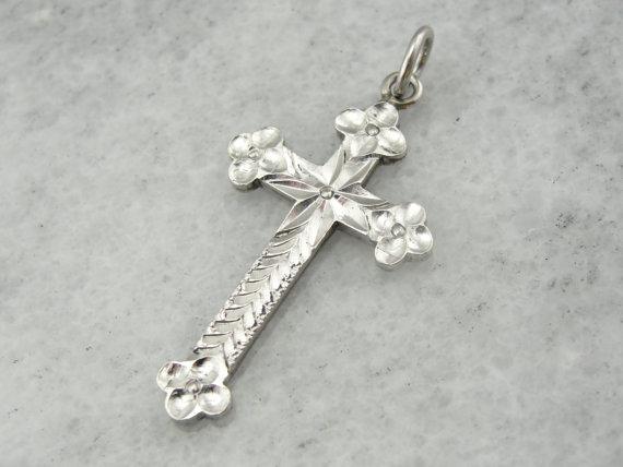 Platinum Diamond Faceted Cross with Decorative Engraving