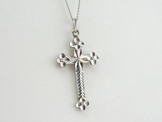 Platinum Diamond Faceted Cross with Decorative Engraving