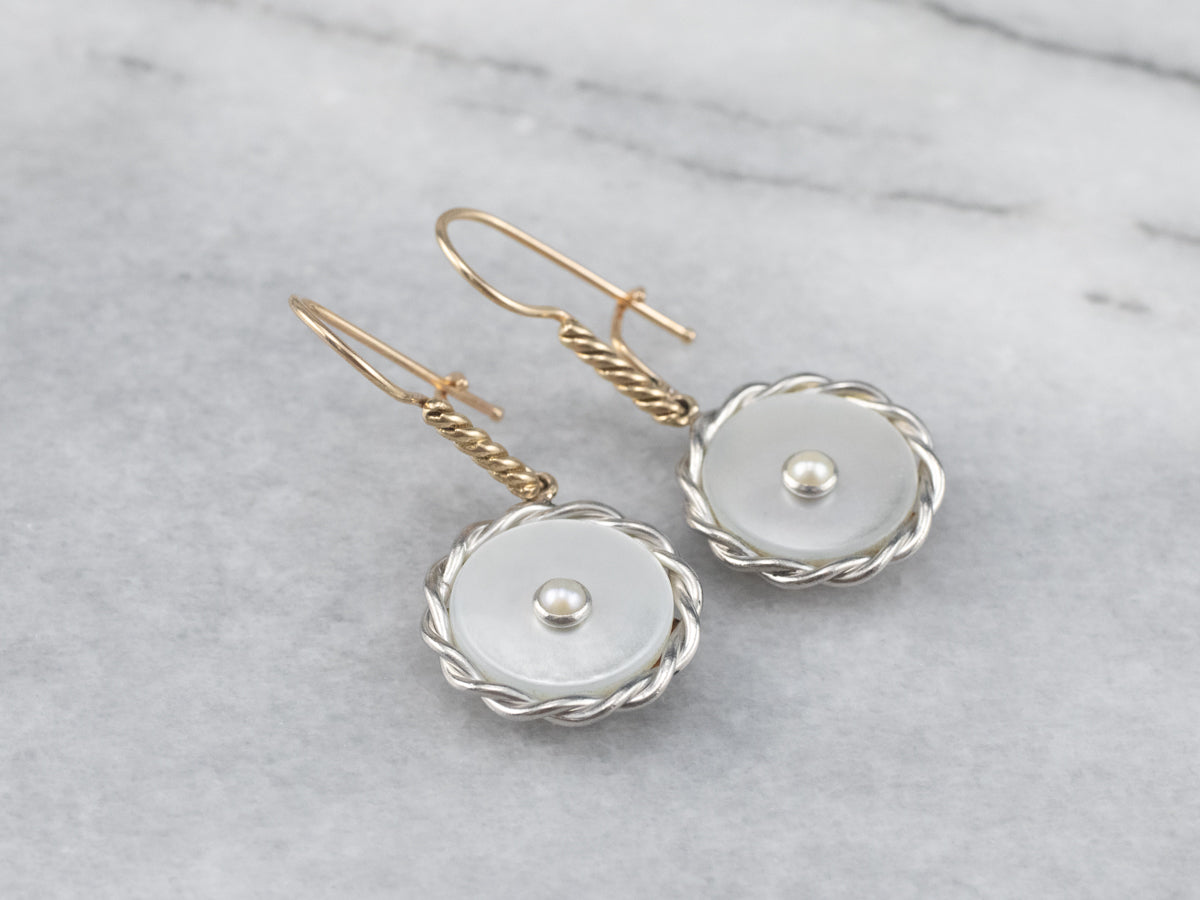 Two Tone Mother of Pearl and Seed Pearl Drop Earrings