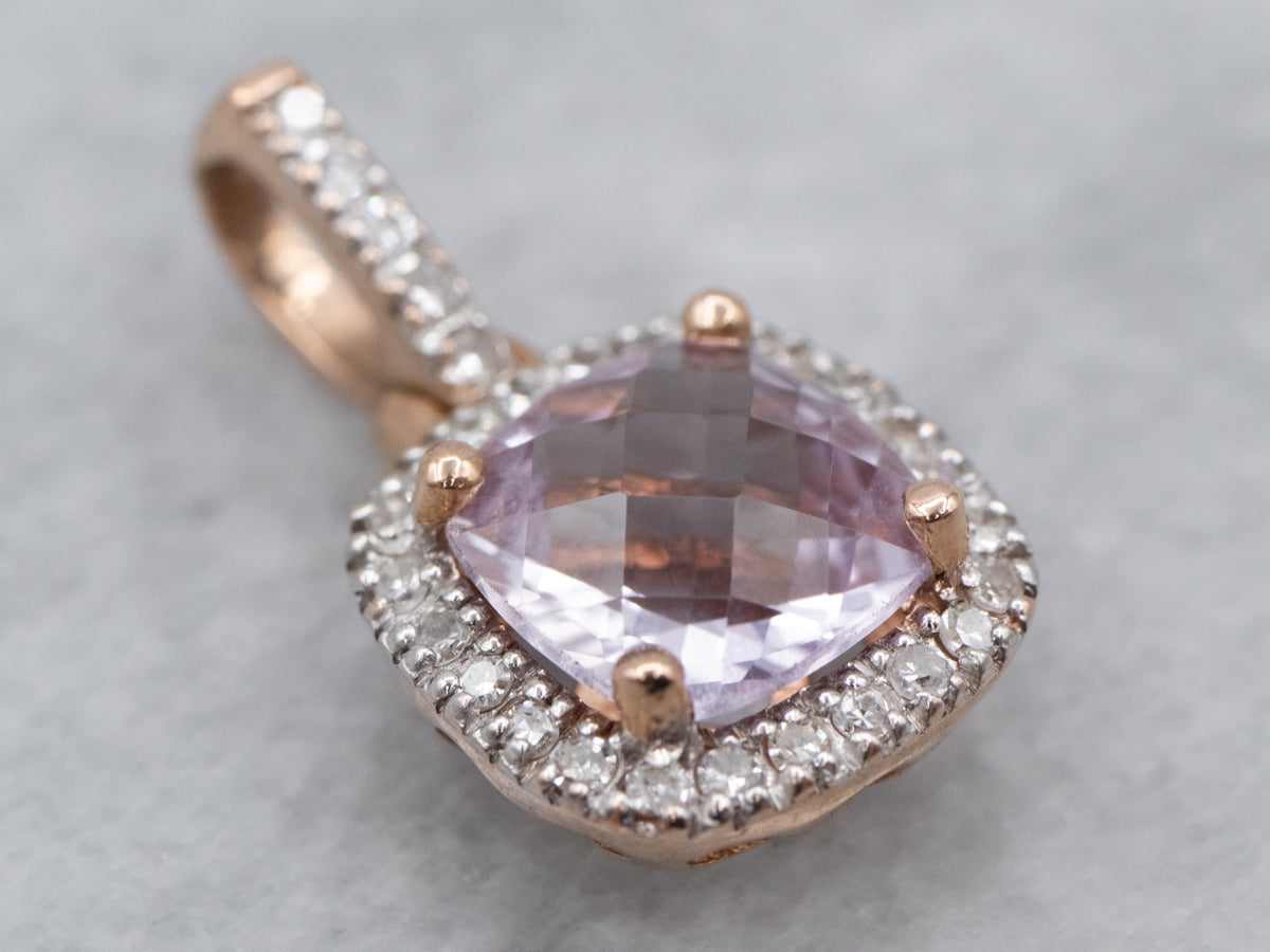 Rose Quartz Diamond Rose Gold Halo Pendant